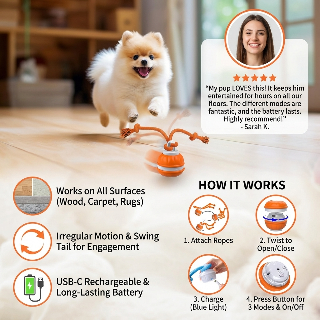 Durable Dog Play Ball with Motion Sensor and Tug Rope in Dog-Friendly Colours